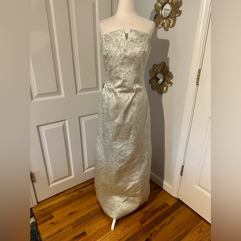 Silver metallic embroidered Dave & Johnny strapless gown with boning